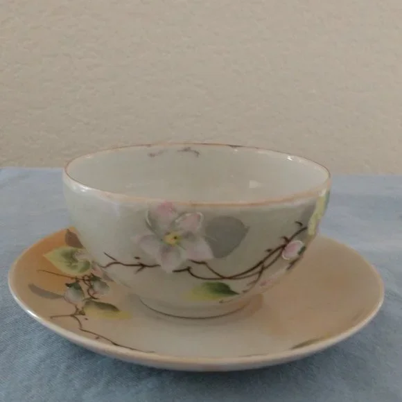 MID CENTURY MODERN JAPAN GREEN STAMP FLORAL TEA CUP SET JAPANESE BLOSSOMS - Picture 6 of 16